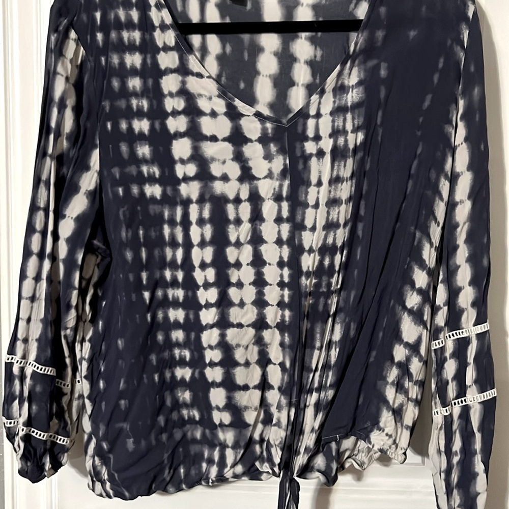 INC International Concepts navy and white tye-dye blouse